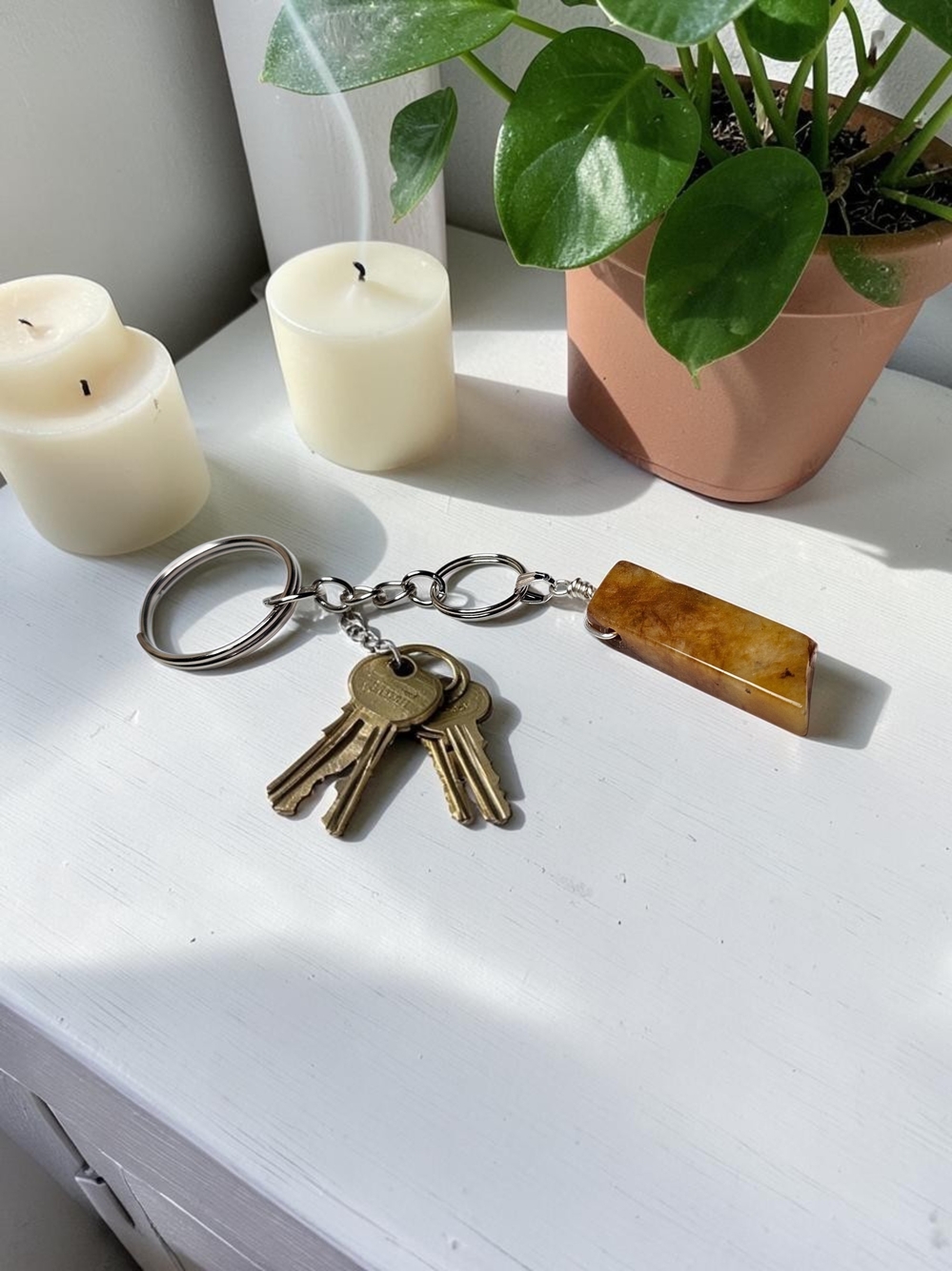Natural Amber Brown Stone Keychain - Handmade